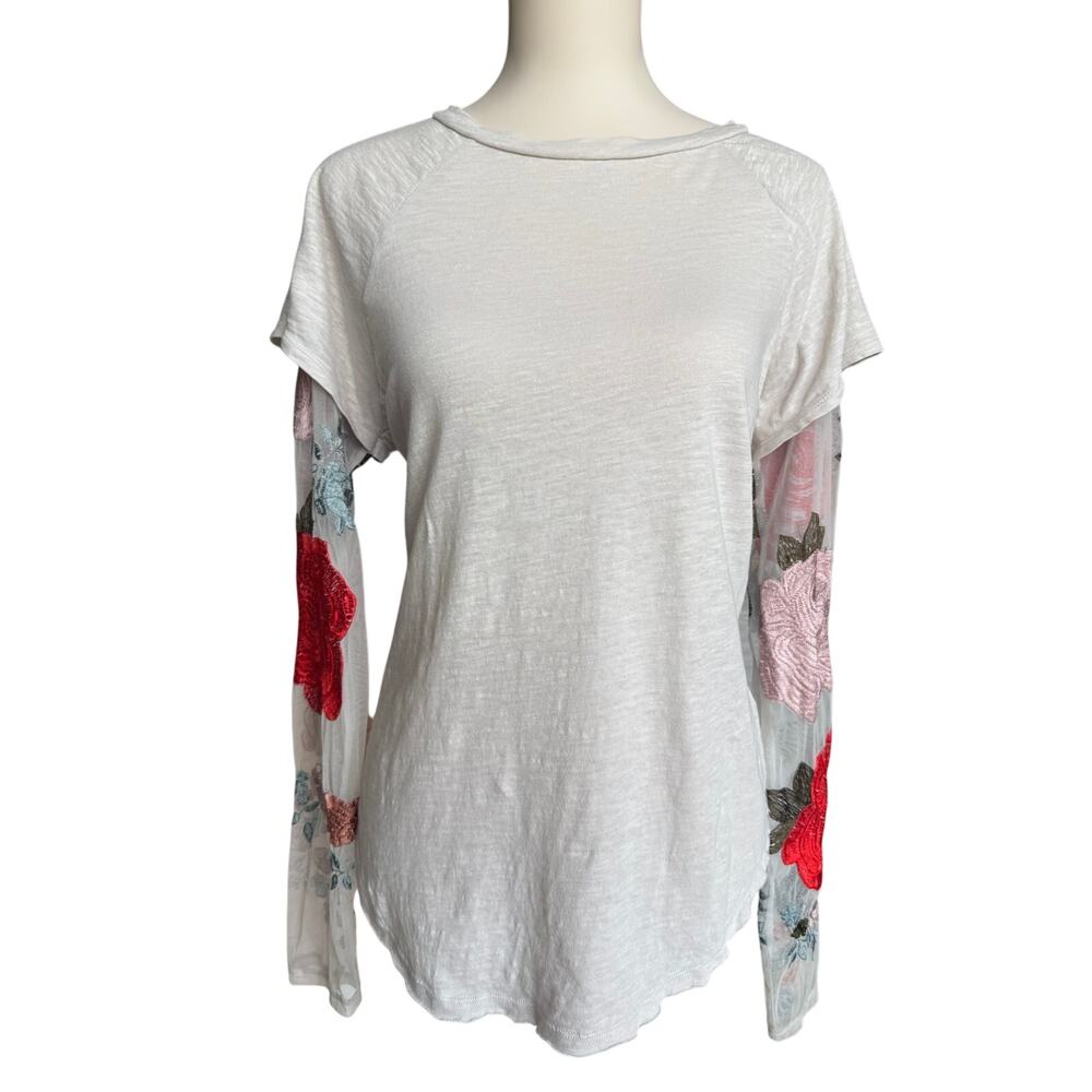 Free People Embroidered Mesh Sleeve Tee Boho Romantic Floral Top Size Medium - Picture 2 of 14